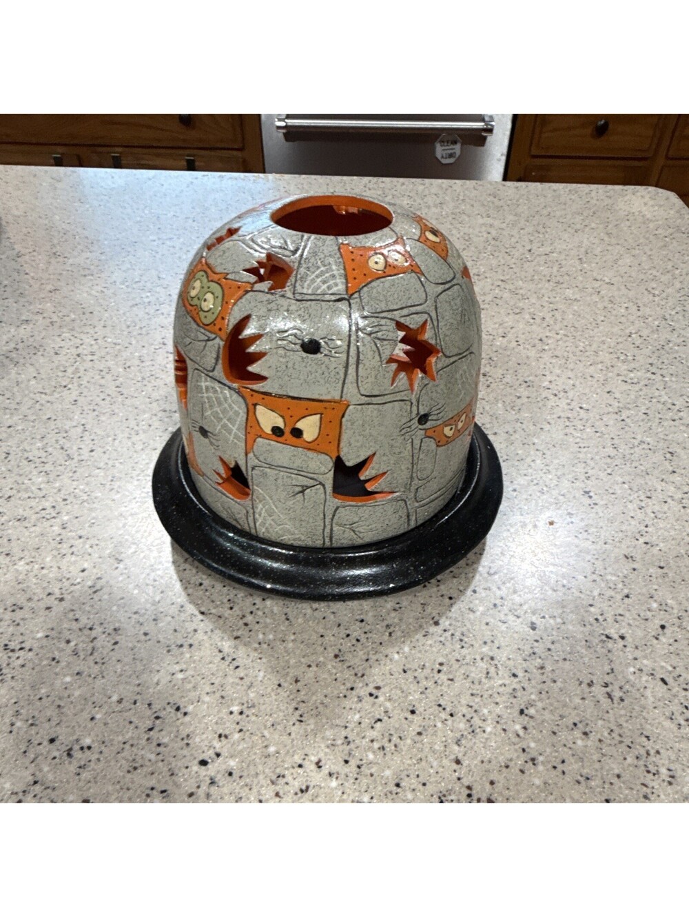 Spooky Hollow Ceramic Dome Owl Halloween Luminary Candle Holder Gray/Orange
